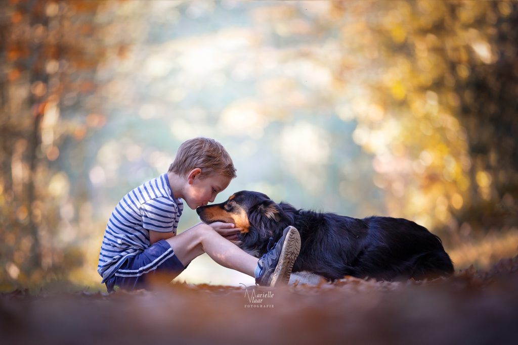 Hond en kind met herfstkleuren fotografie